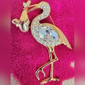 80s NOLAN MILLER Glitzy Stork Detatch Baby Gift Rhinestones Crystal Gold Brooch